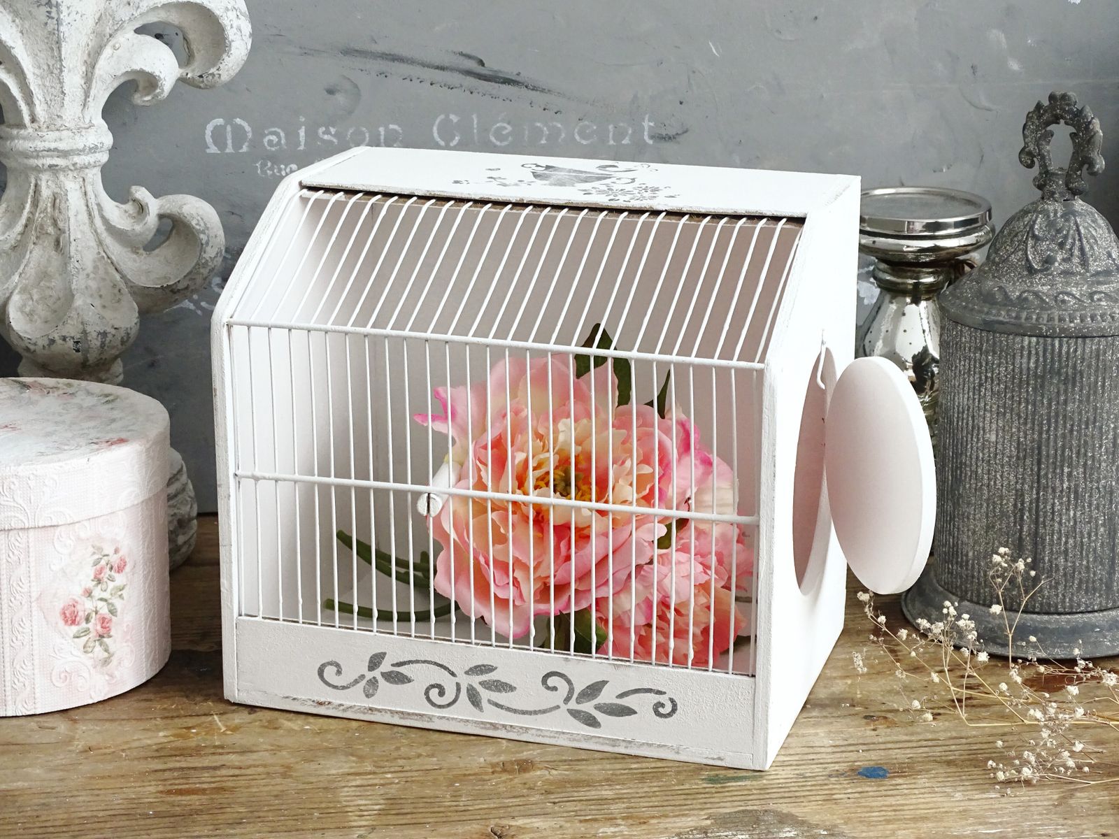 Handmade White Wood Wire Bird Cage: Shabby Chic French Garden Decor photo vinterior