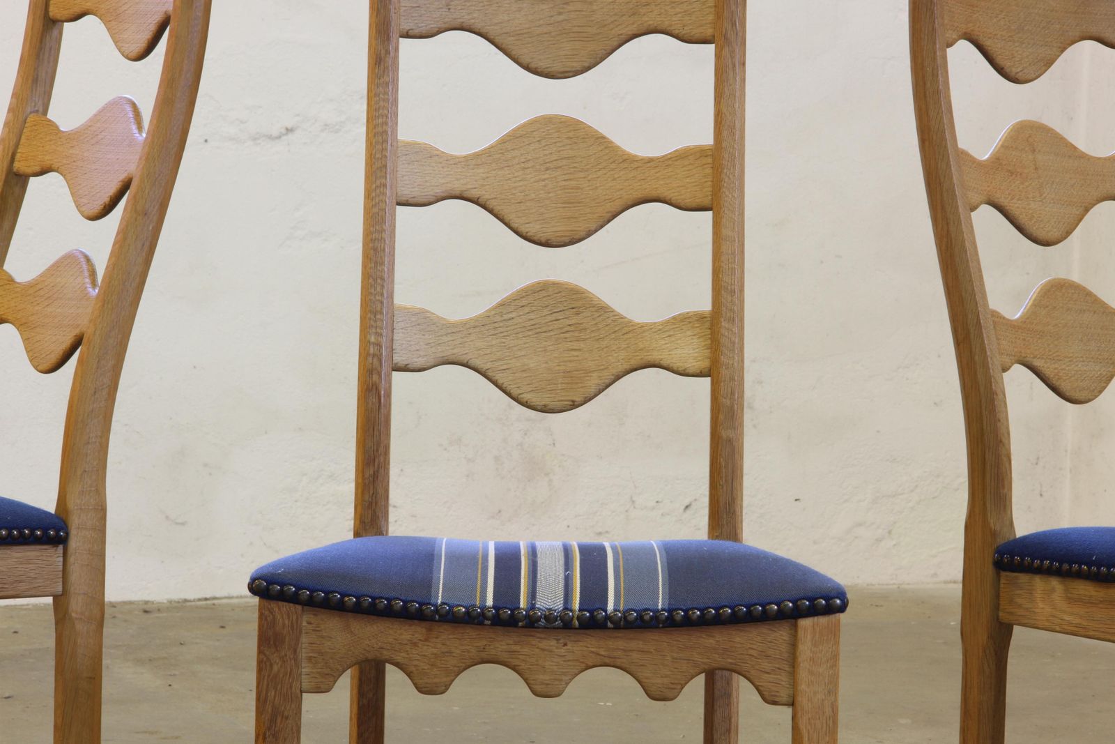 photo for sale Vintage 1960s Danish Brutalist Oak Ladder Dining Chairs Style Of Kjærnulf