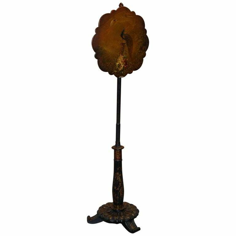 Rare Jennens & Bettridge Brimm Parcel Gilt Papier Mache Hand Paint Pole Screen