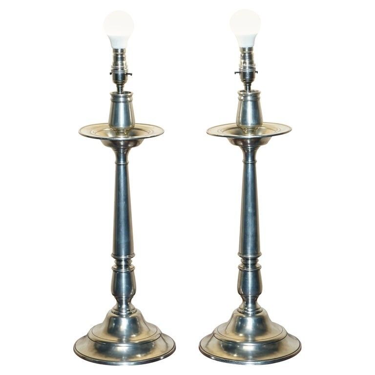 Rrp £1950 Pair Of Owl Arte Italica Tavola Marinoni Candlestick Pewter Lamps