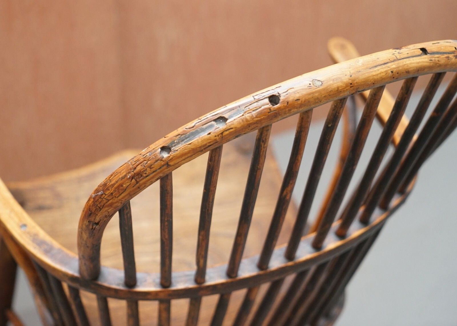 photo for sale Primitive Circa 1800 Hoop Back Windsor Armchair In Elm Heavy Patina Decorative