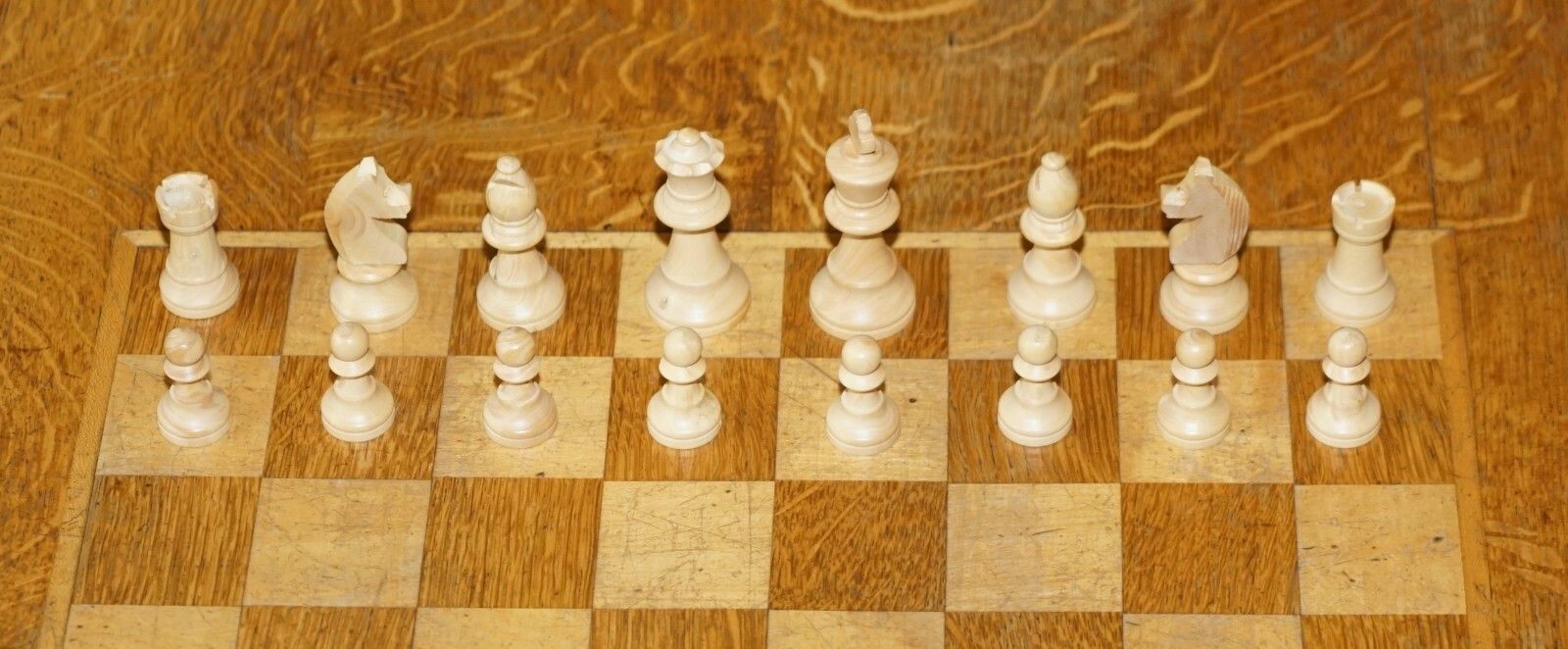 Vintage Honey Oak Chess Board Coffee Table With Vintage Ebonised Chess Set photo 1250.0