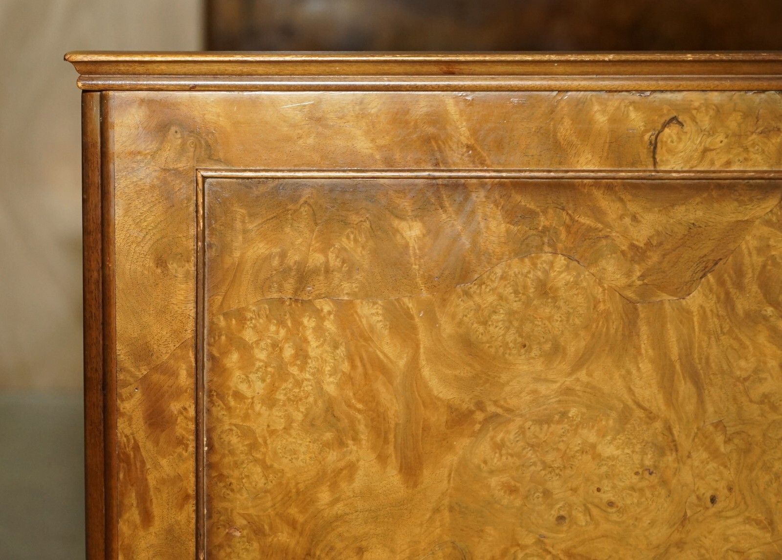 Stunning Double Sized Circa 1900 Burr Walnut English Bedstead Frame Part Suite photo for sale