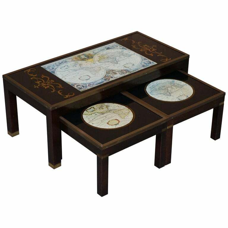 Stunning Coffee & Side Table Nest Of Tables Military Campaign With World Maps