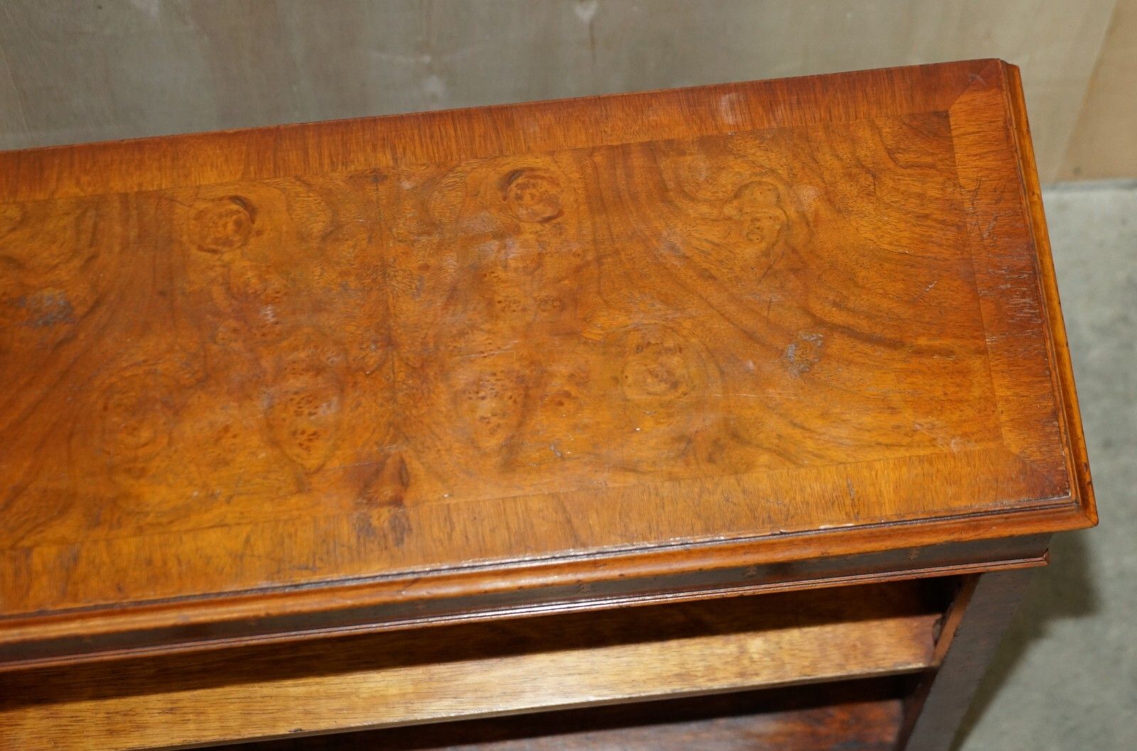 Sheraton Revival Burr Elm Walnut Inlay Dwarf Library Open Bookcase Bookshelf photo buy