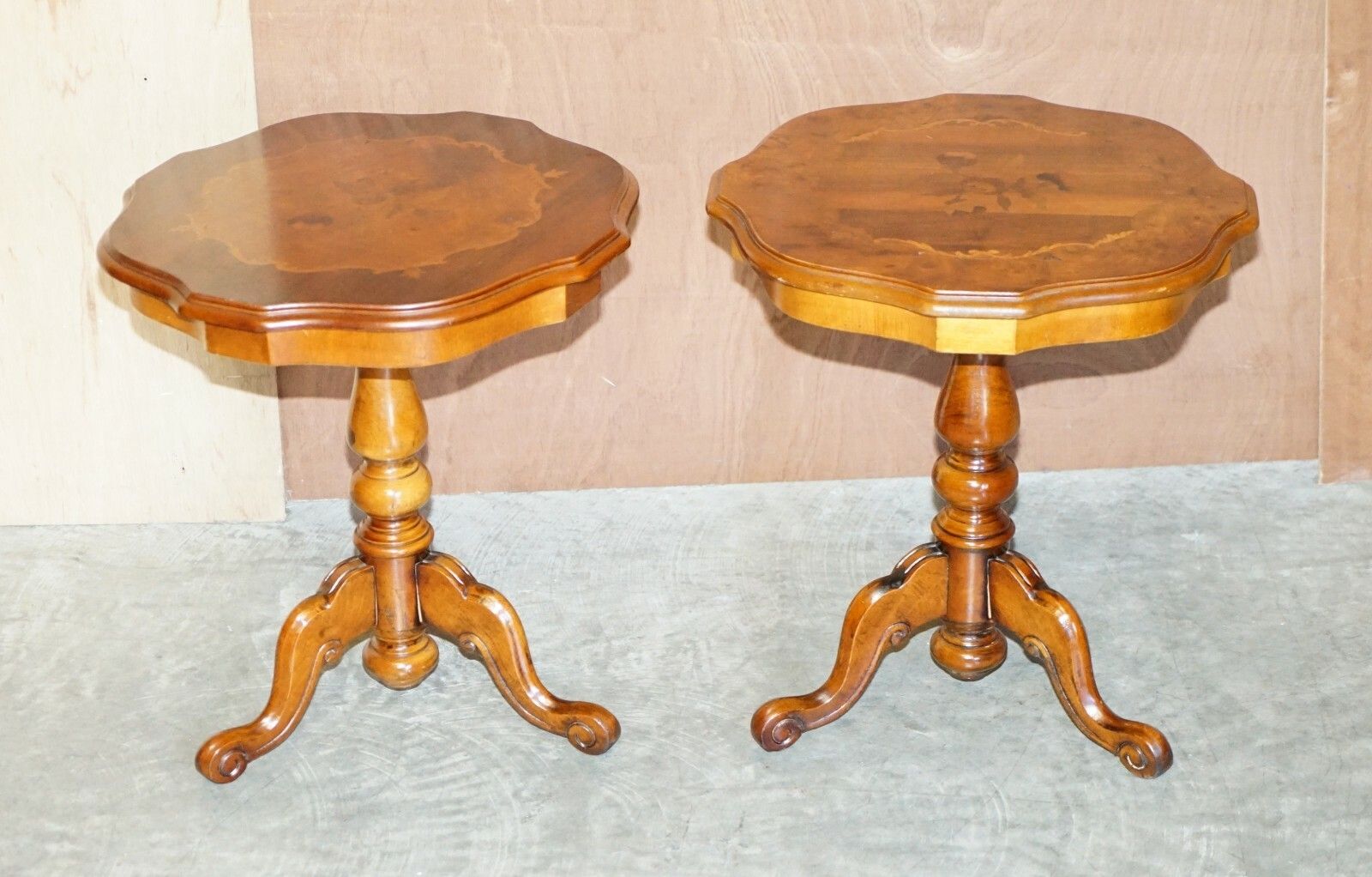 Pair Of Vintage Italian Marquetry Inlaid Burr Walnut & Mahogany Side End Tables photo furniture