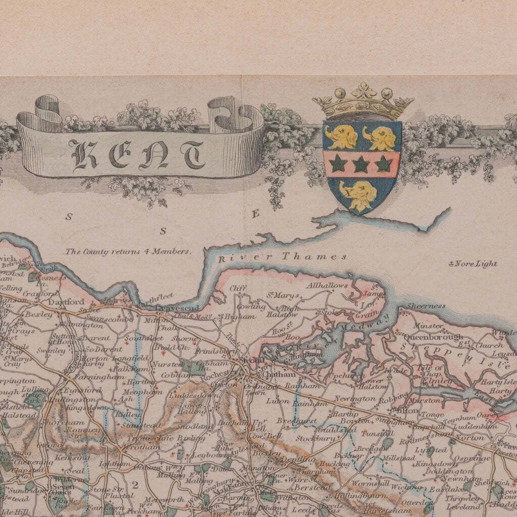 Vintage County Map, Kent, History 19th Century Cartography, After Thomas Moule photo 505.0