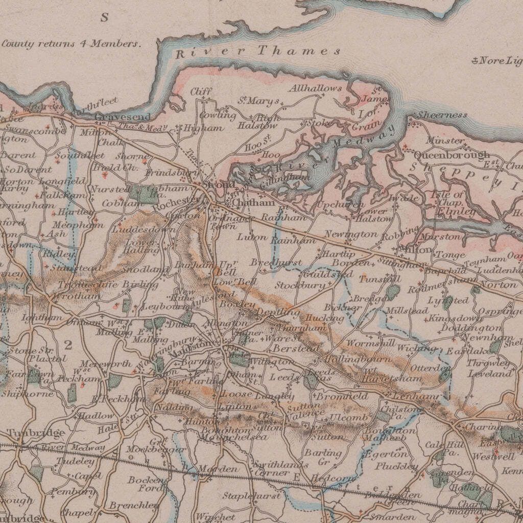 Art Vintage County Map, Kent, History 19th Century Cartography, After Thomas Moule photo