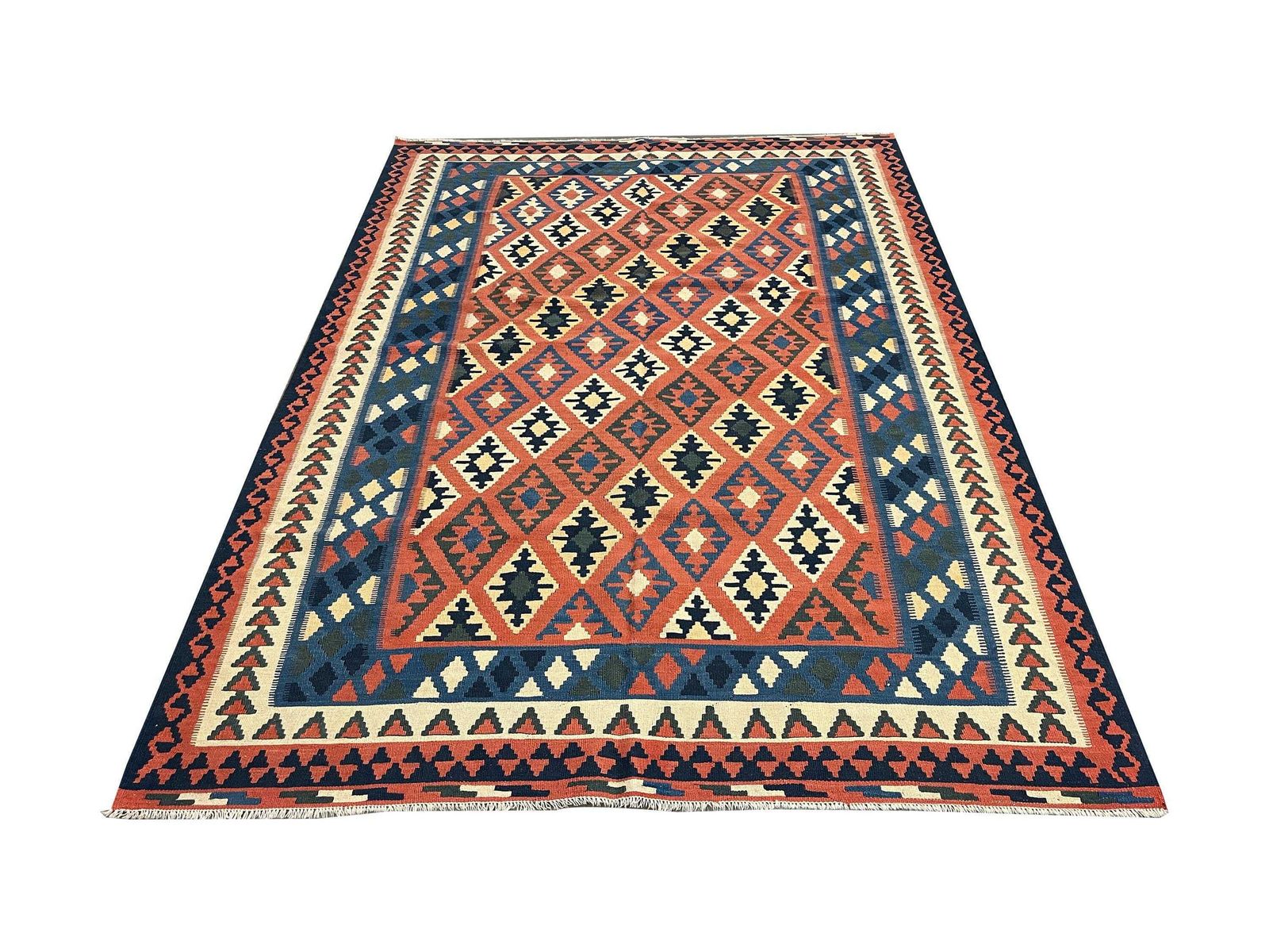 Handmade Bedroom Kilim Rug, Vintage Wool Flatweave Carpet, Rust Geometric Tribal 293 × 210 Cm photo vinterior