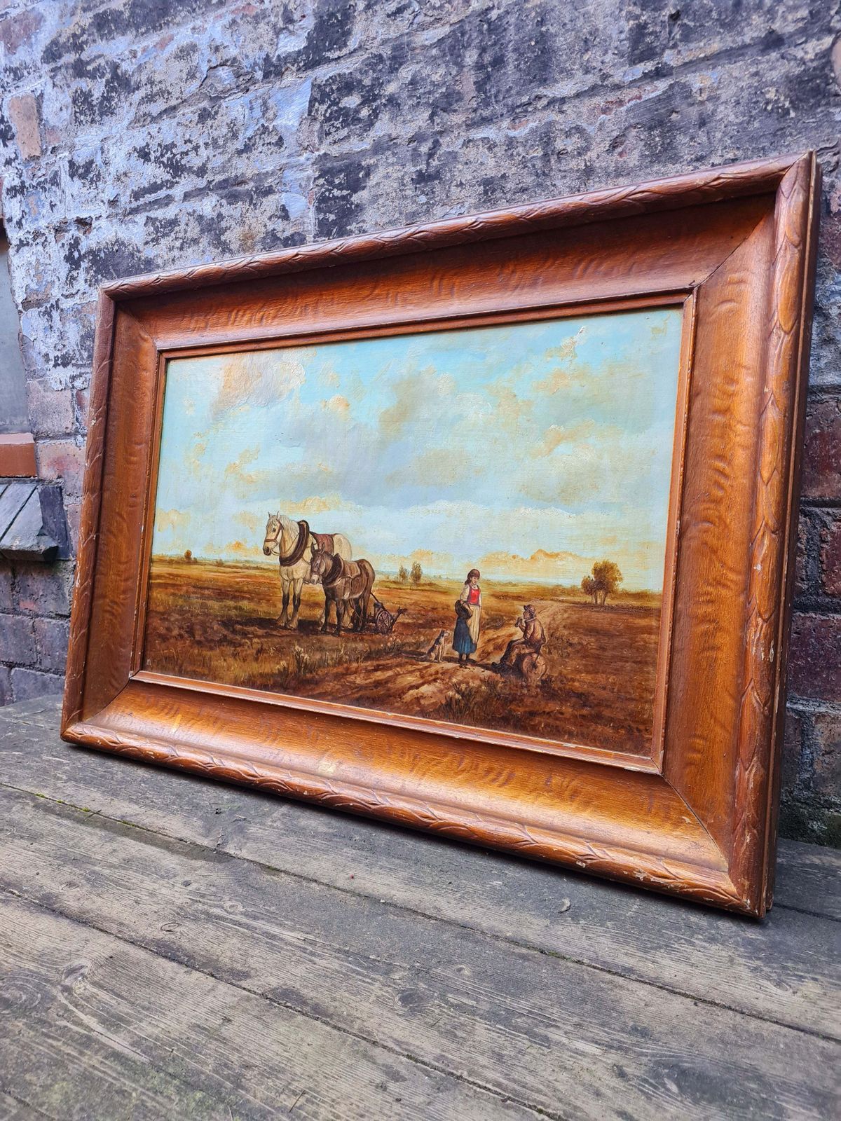 Vintage Oil On Board   Farm Life/Horses   Framed  Signed photo for sale