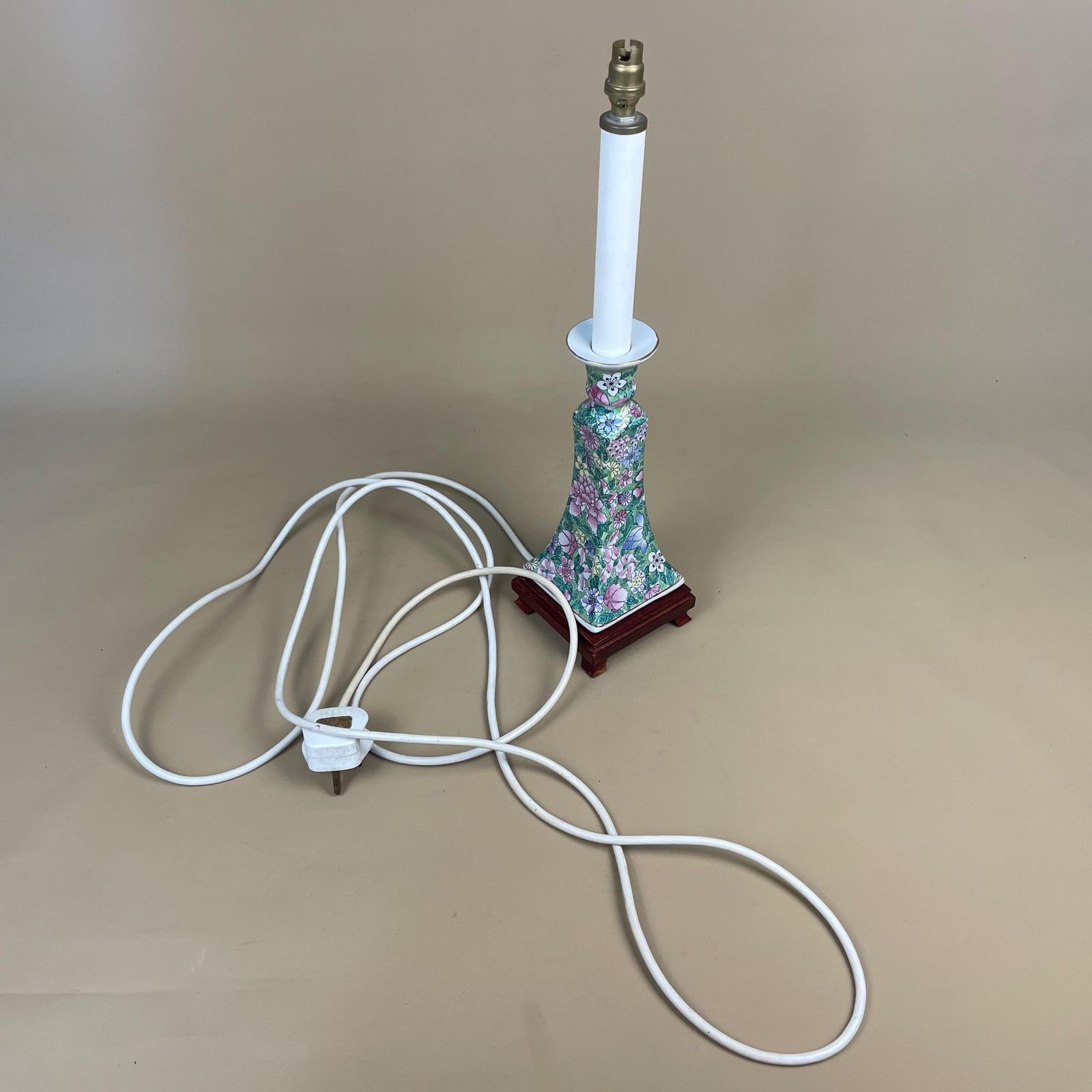 photo for sale Vintage Ceramic Floral Patterned Lamp Bedside Table Light Square Vase Pottery Antique Pattern Hand Painted Gold Candle Wooden Wood Oriental