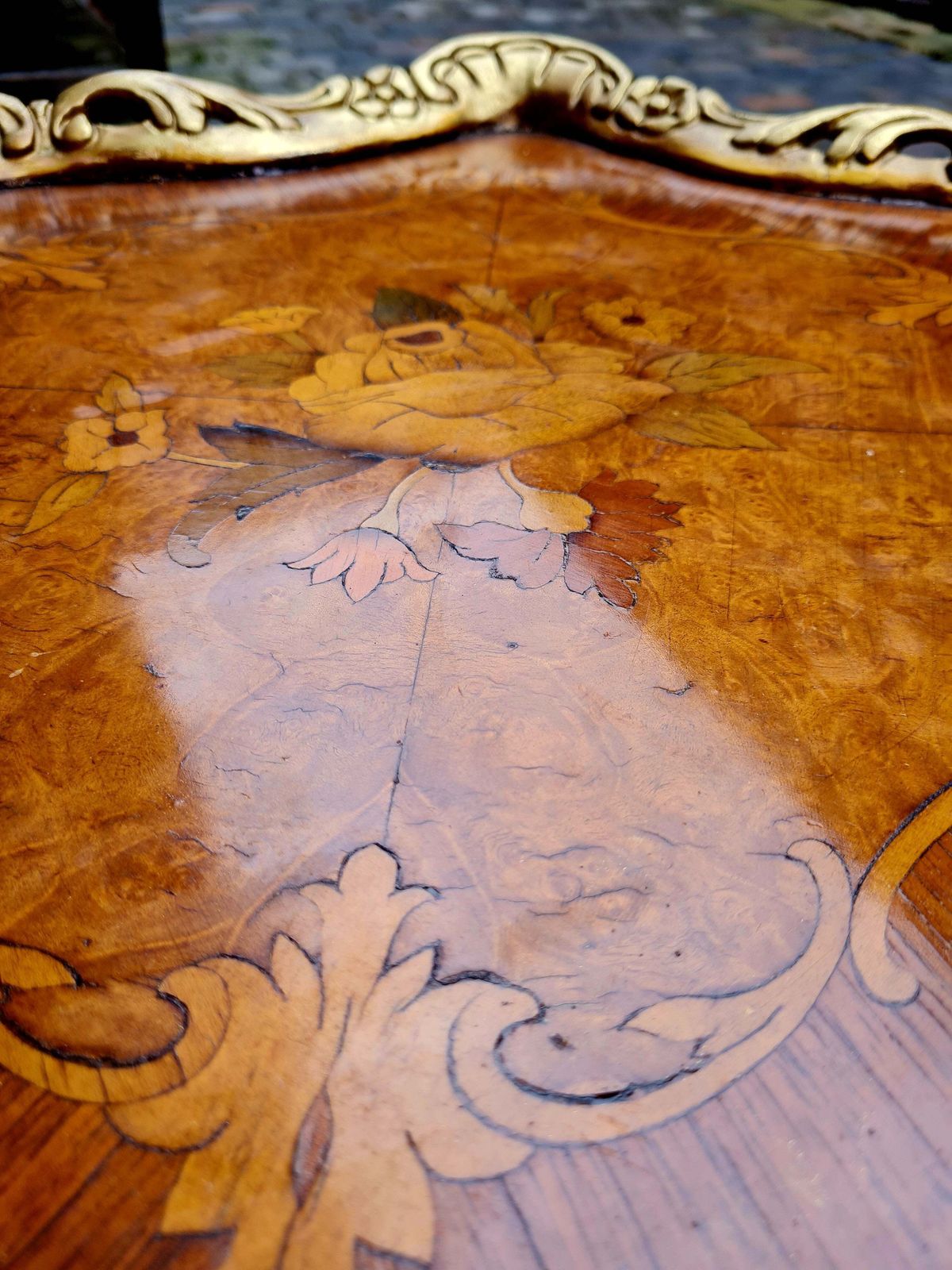 Early 20th Century French Walnut Marquetry Two Tier Etagere Table photo for sale