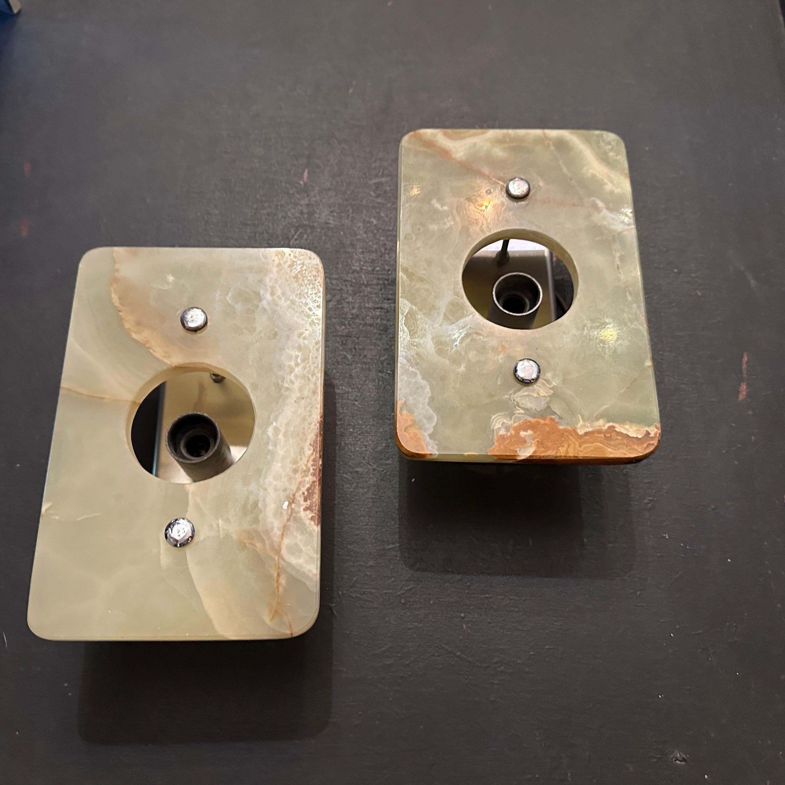 photo for sale A Pair Of 1970s Space Age Green And Brown Onyx Marble Italian Wall Sconces