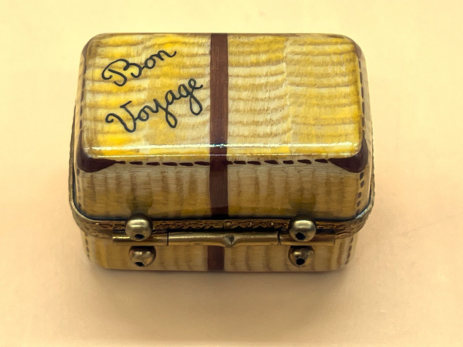 Marque Deposee Limoges Porcelain France Suitcase Shape Bon Voyage Hand Painted Trinket / Jewelry Box.