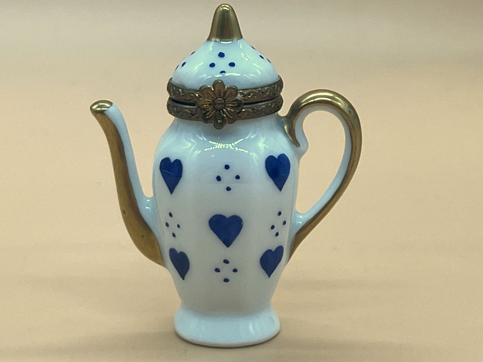 Marque Deposee Limoges Porcelain France Coffee Pot Shaped Hand Painted Trinket / Jewelry Box.