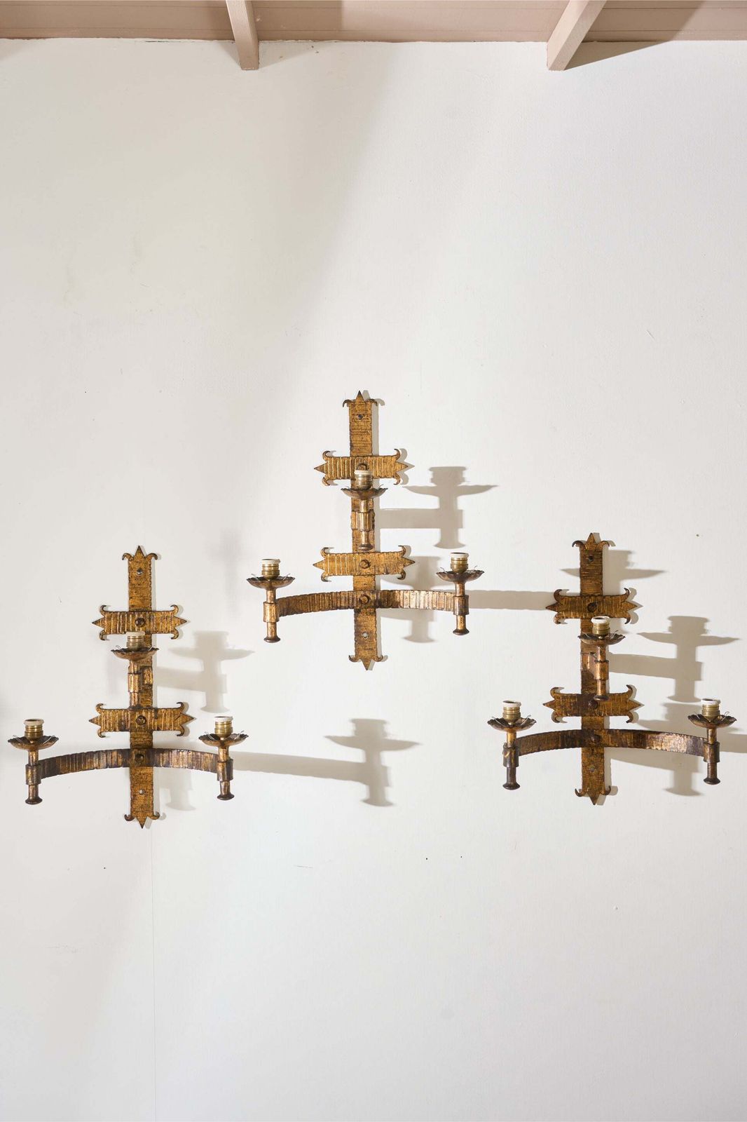 Trio Of Mid Century Spanish Gilt Metal Wall Lights