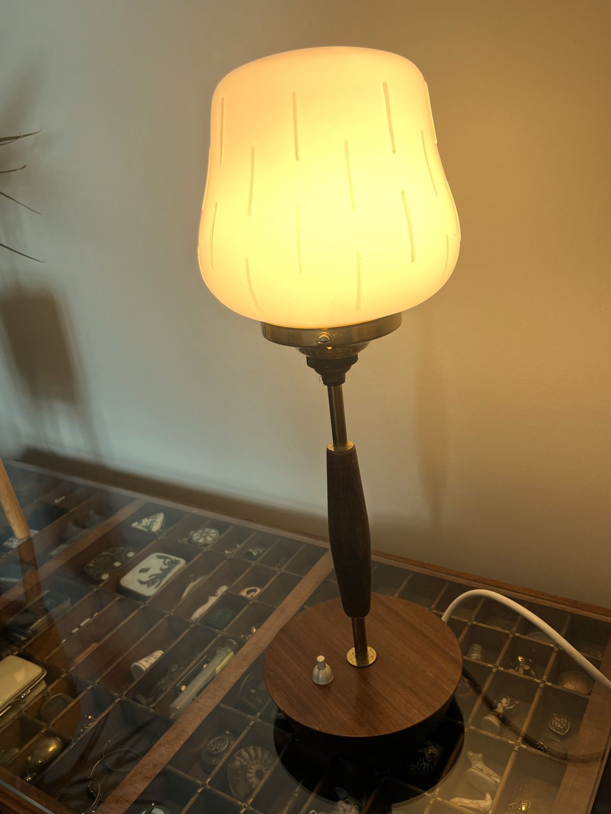 1970's Midcentury Modern Swedish Teak & Brass With Opaline Cased Glass Shade Table Lamp. photo furniture