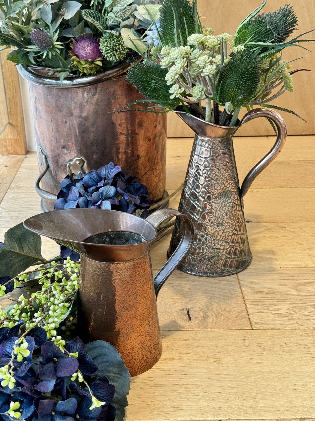 Antique Joseph Sankey & Sons Alligator/Lizard Textured Copper Jug Or Vase photo for sale