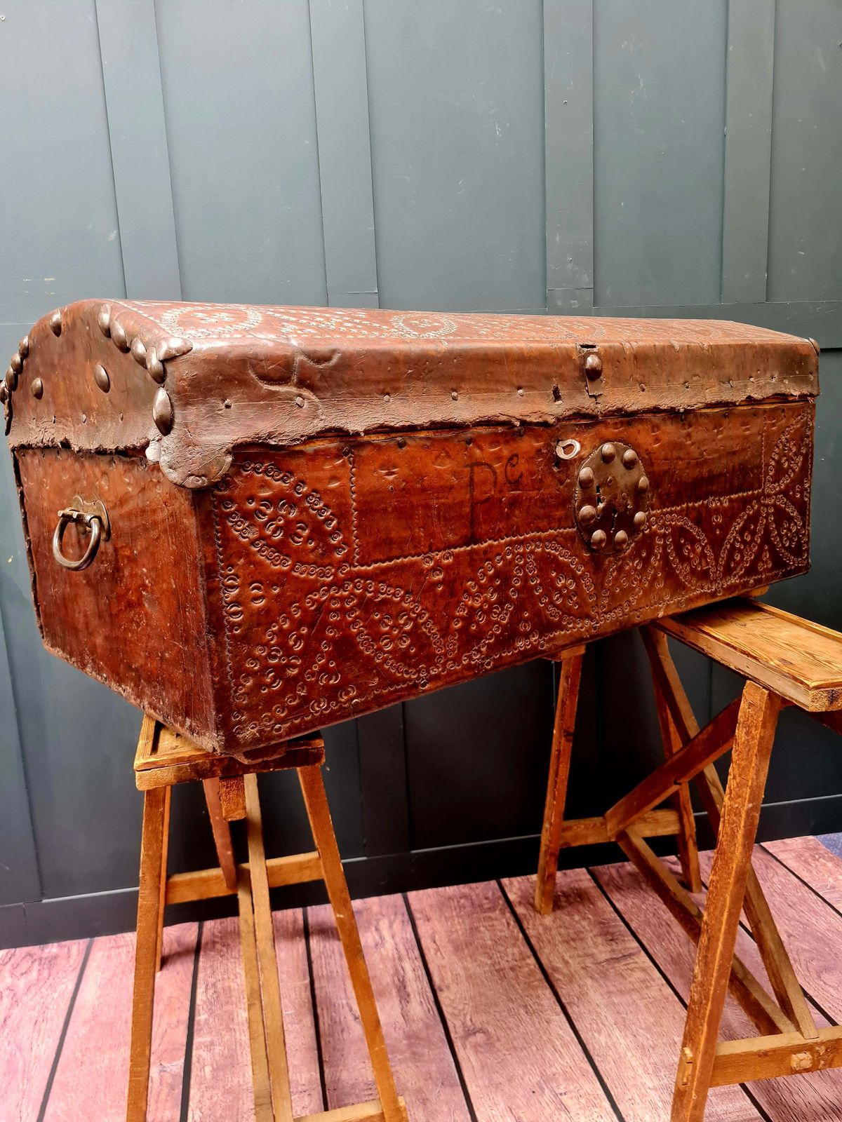 Large 18th Century Italian Studded Leather Trunk   Chest photo furniture