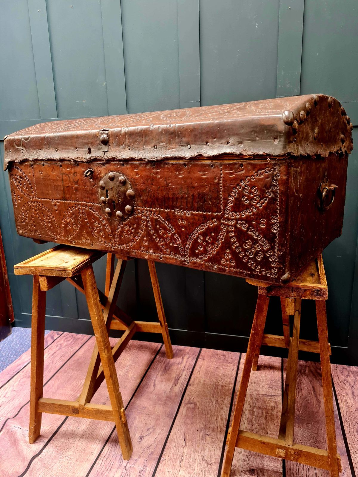 Large 18th Century Italian Studded Leather Trunk   Chest photo for sale