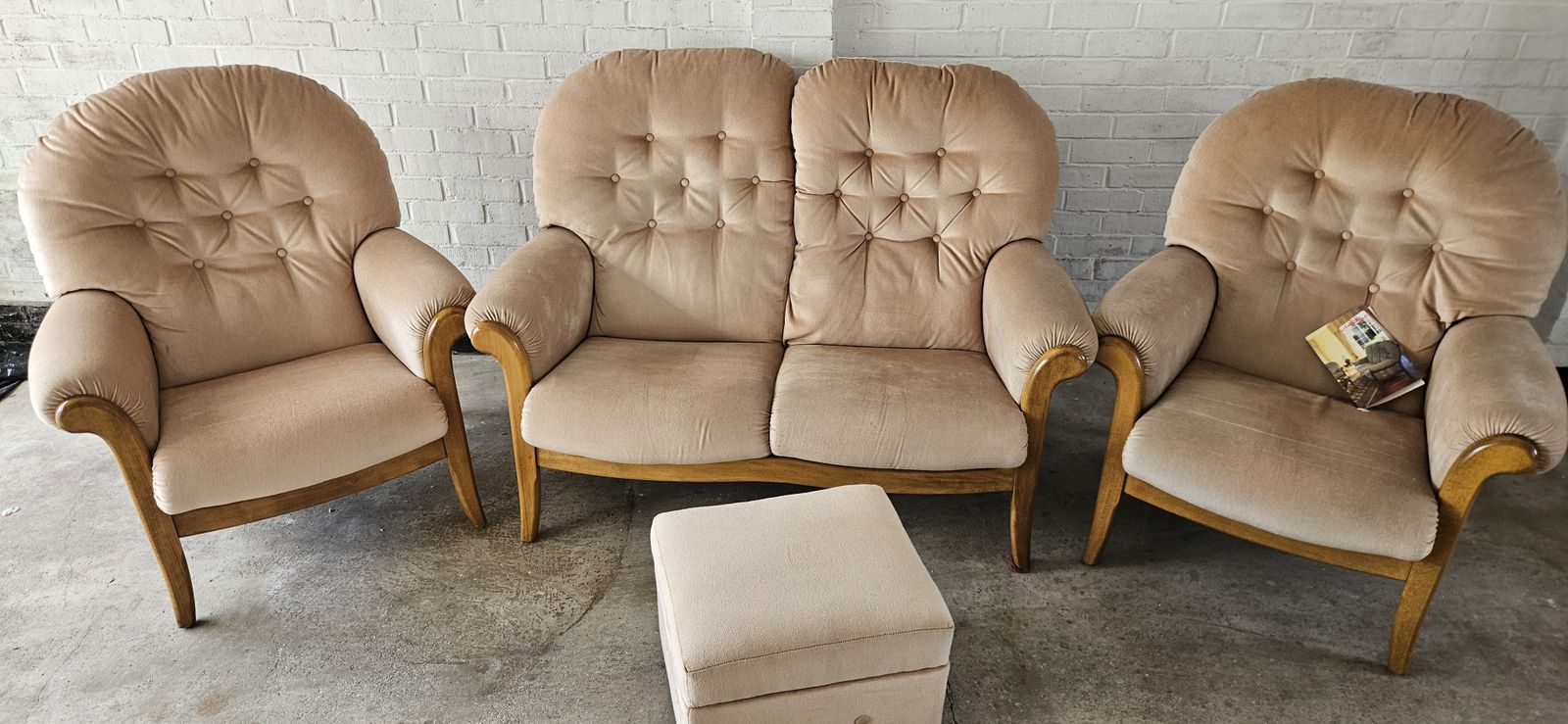 Elegant 3 Piece Sofa Suite – Beige Fabric, Wooden Arms, Matching Footstool photo for sale