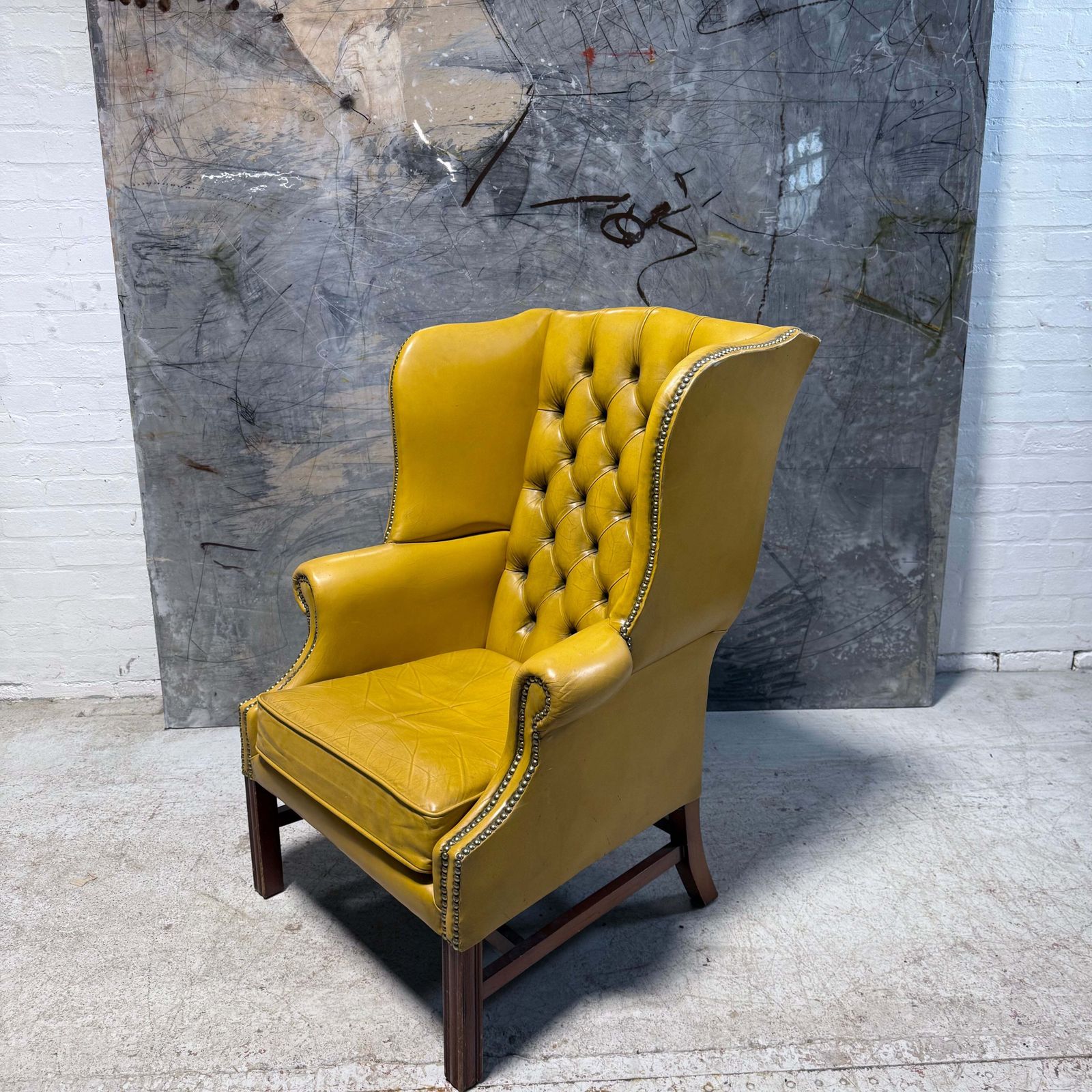 Vintage Leather Chesterfield Wing Chair In Soft Lemon photo 1999.0