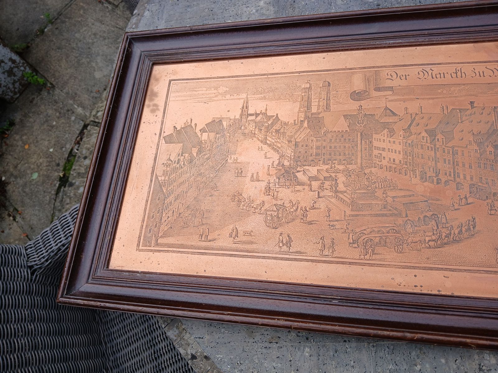 Large Copper Etching Of Munich / Munchen Market Square In Dark Wooden Frame