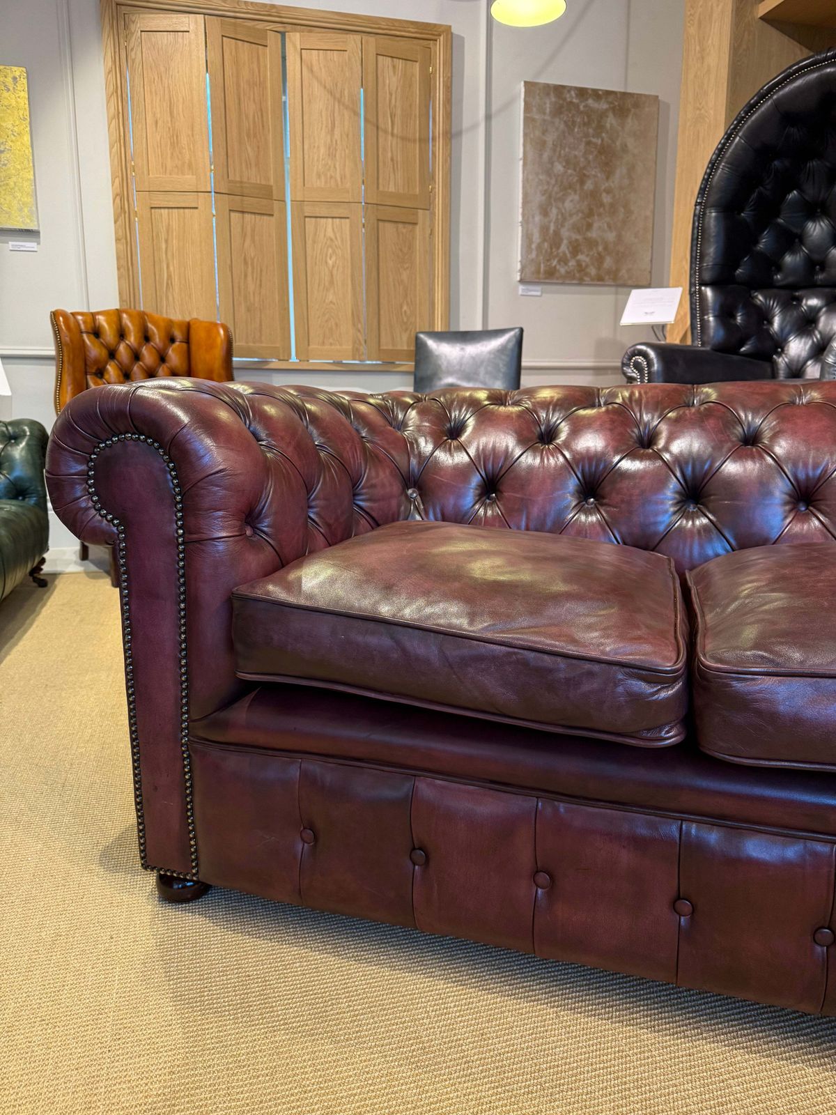 Fully Restored Matching Pair Of Mid Century Leather Chesterfield Sofas photo for sale