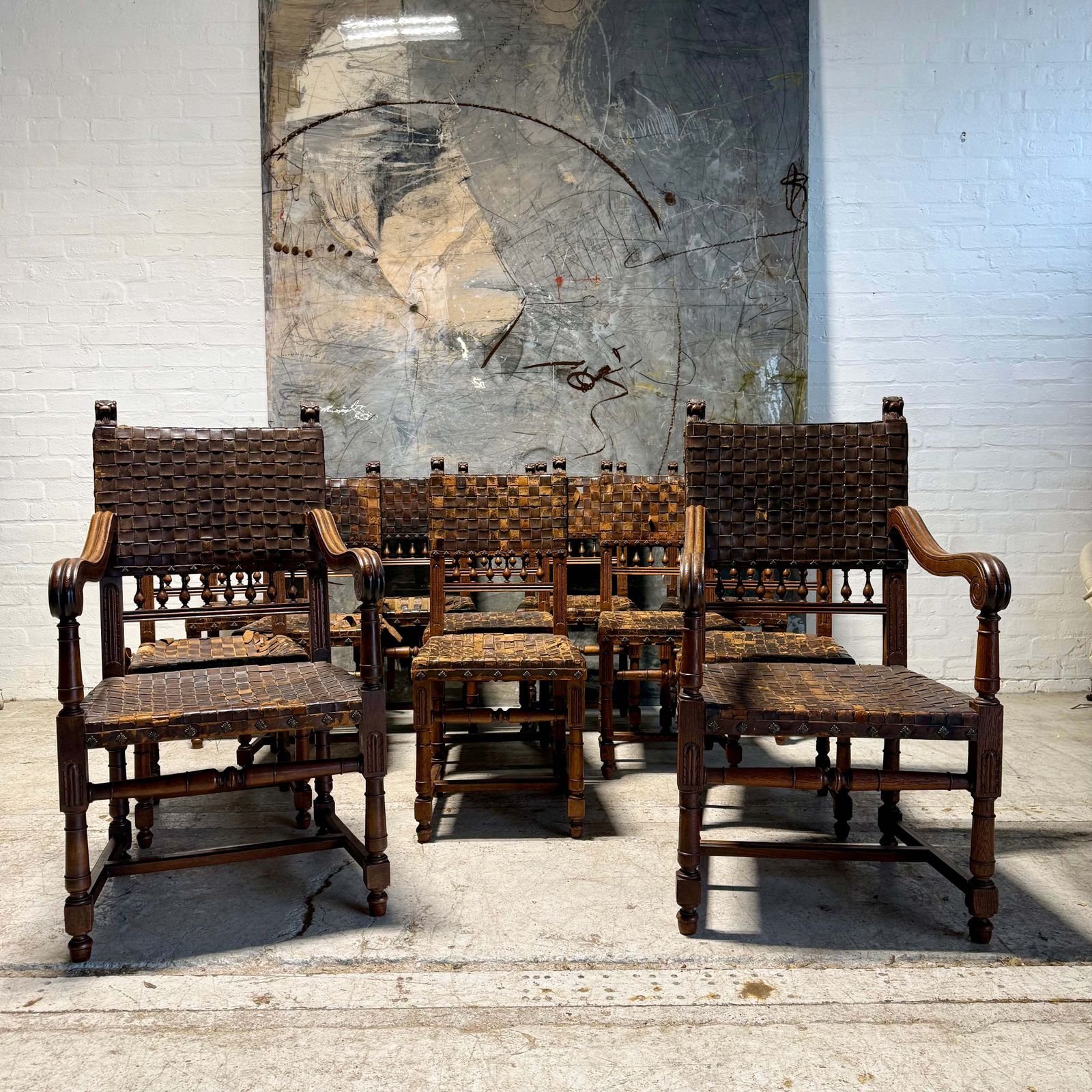 Set Of 12 Antique 19thc Gothic Revival Leather Dining Chairs