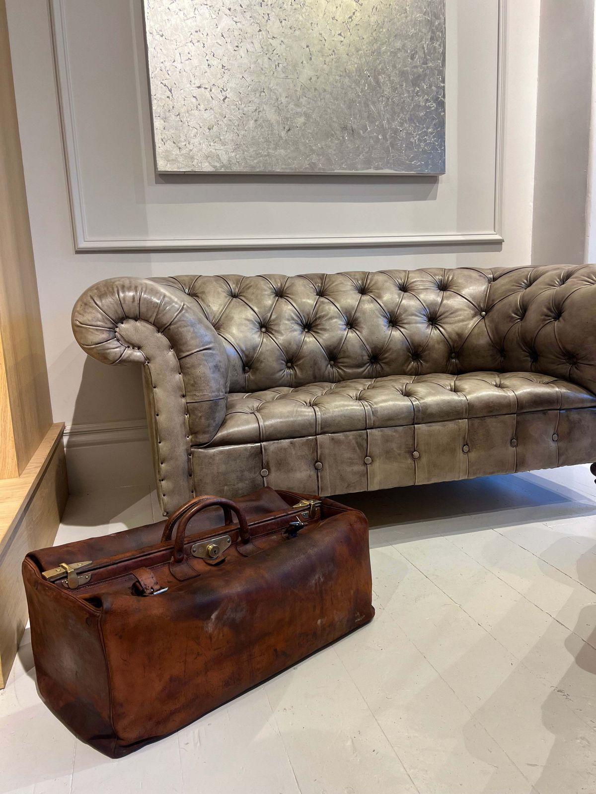 Our Hand Dyed Leather Goderich Chesterfield Sofa In Alpine Tan photo for sale