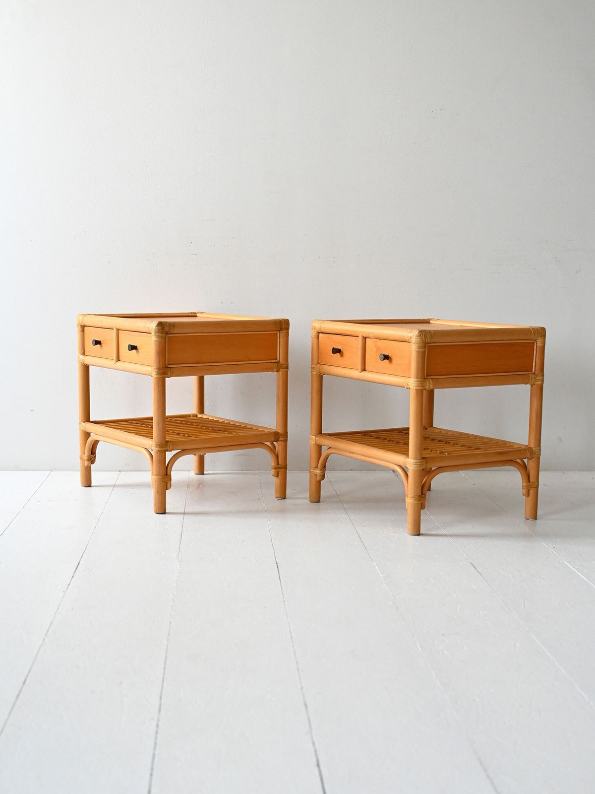 Dux Pair Of Bamboo And Woven Rattan Bedside Tables photo for sale