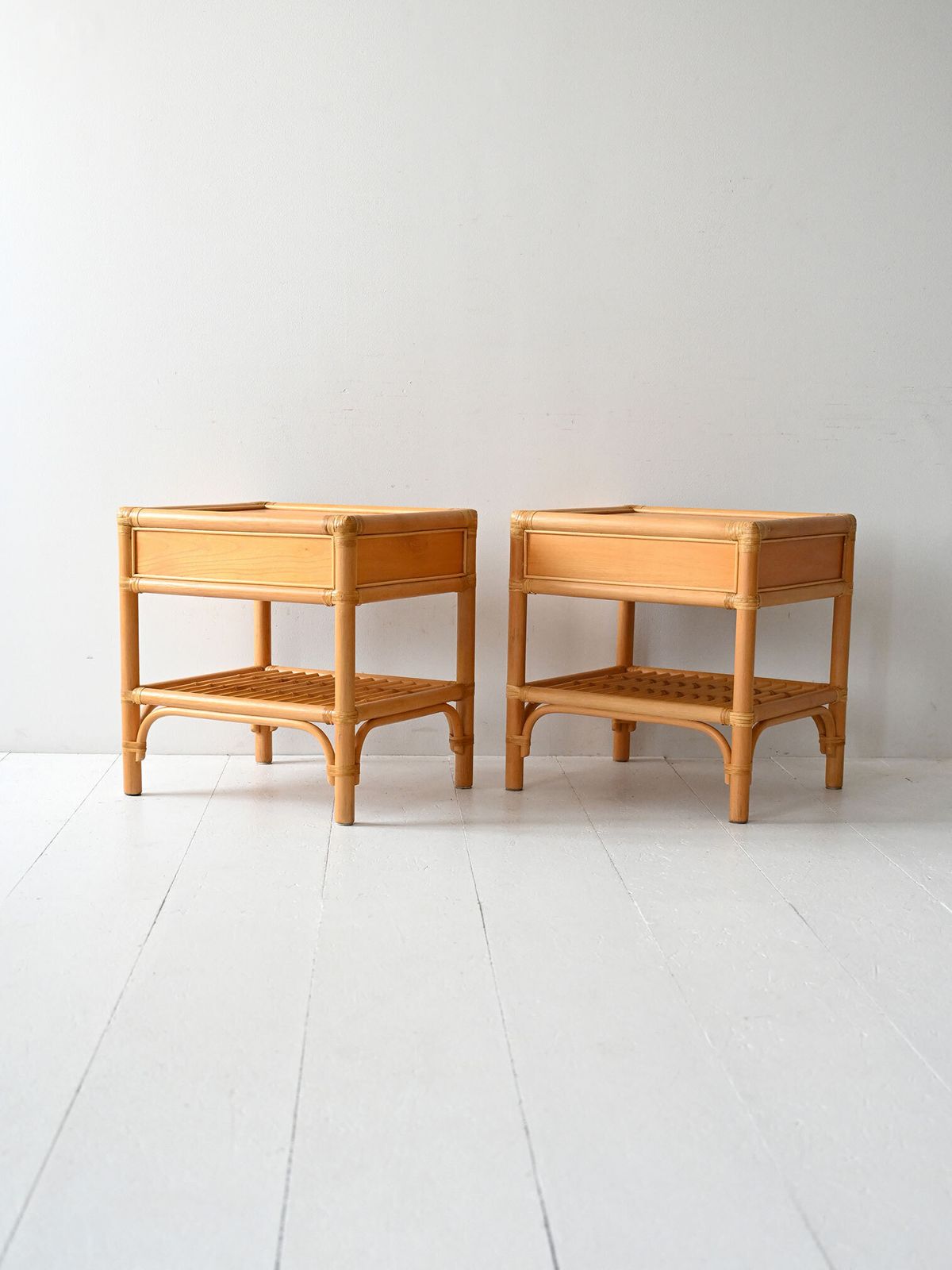 Dux Pair Of Bamboo And Woven Rattan Bedside Tables photo 1380.0