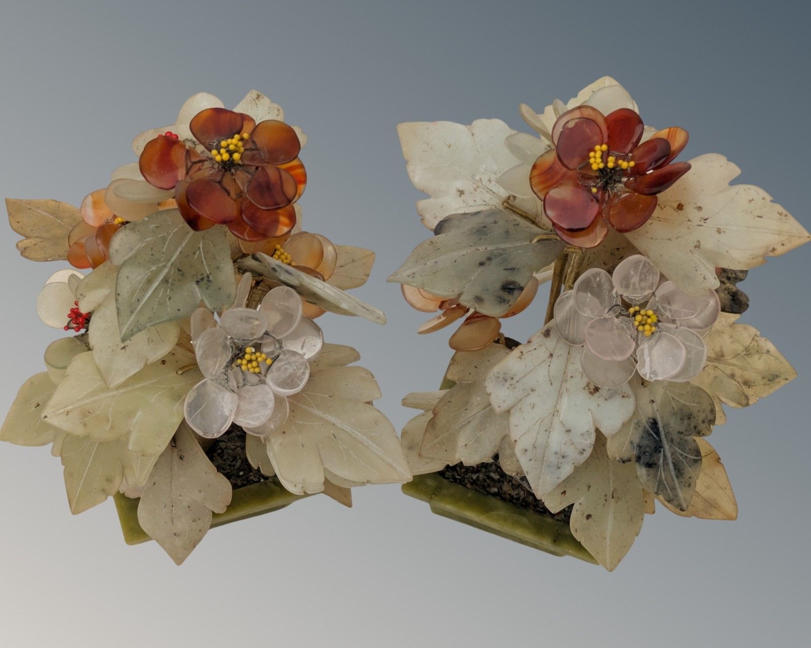 Pair Chinese Hardstone Jade Flower Jardiniere Bonsai photo vinterior