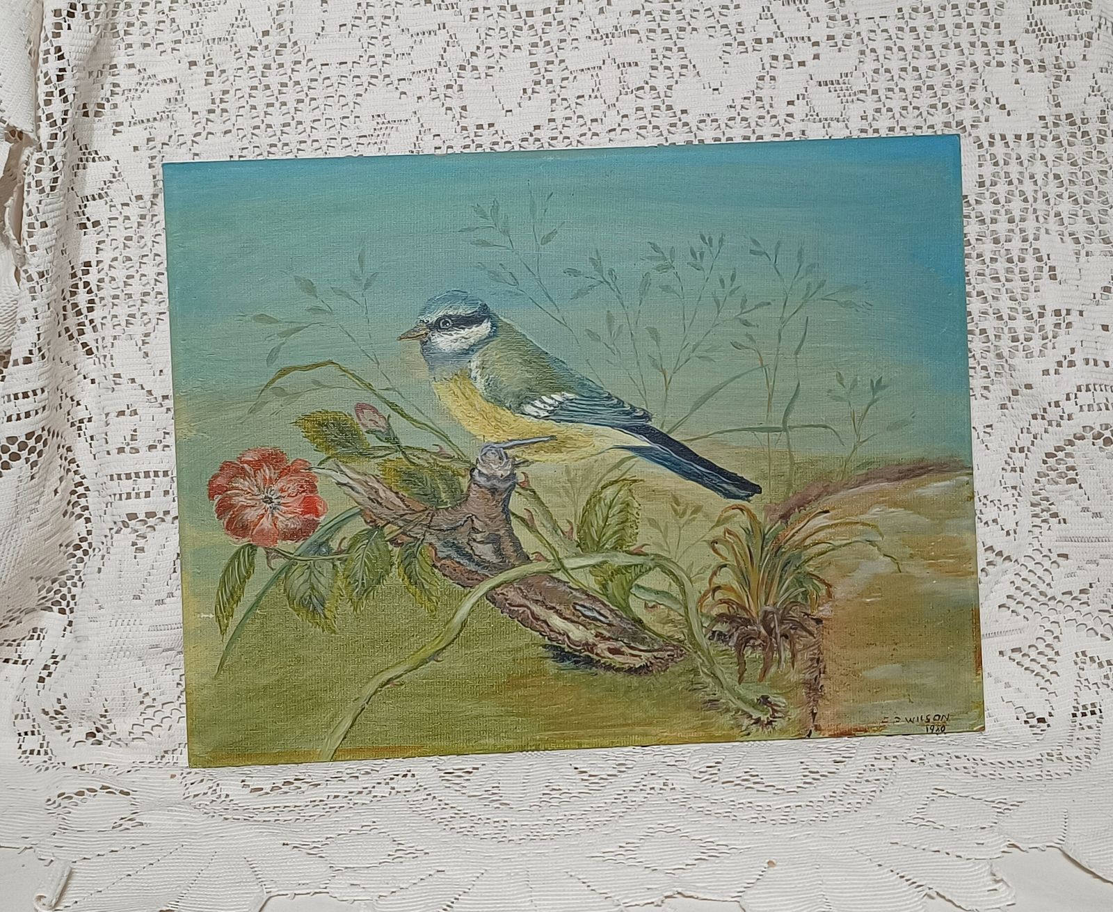 Unframed Oil Painting Blue Tit Bird Amongst Brambles And Red Flower Signed E.R.Wilson. photo 60.0