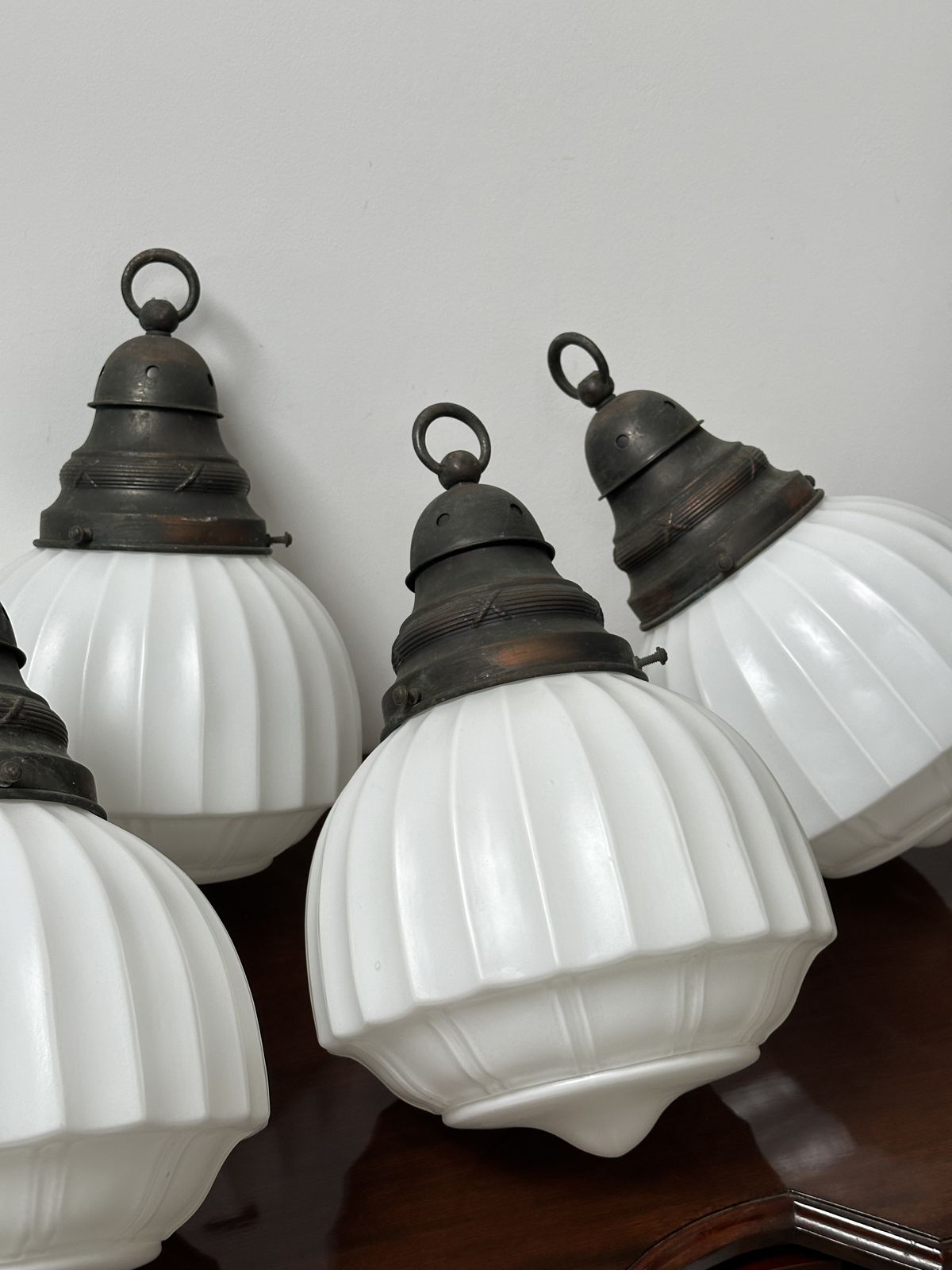 Set Run Antique Church Satin Opaline Milk Glass Ceiling Pendant Light Lamp photo vintage