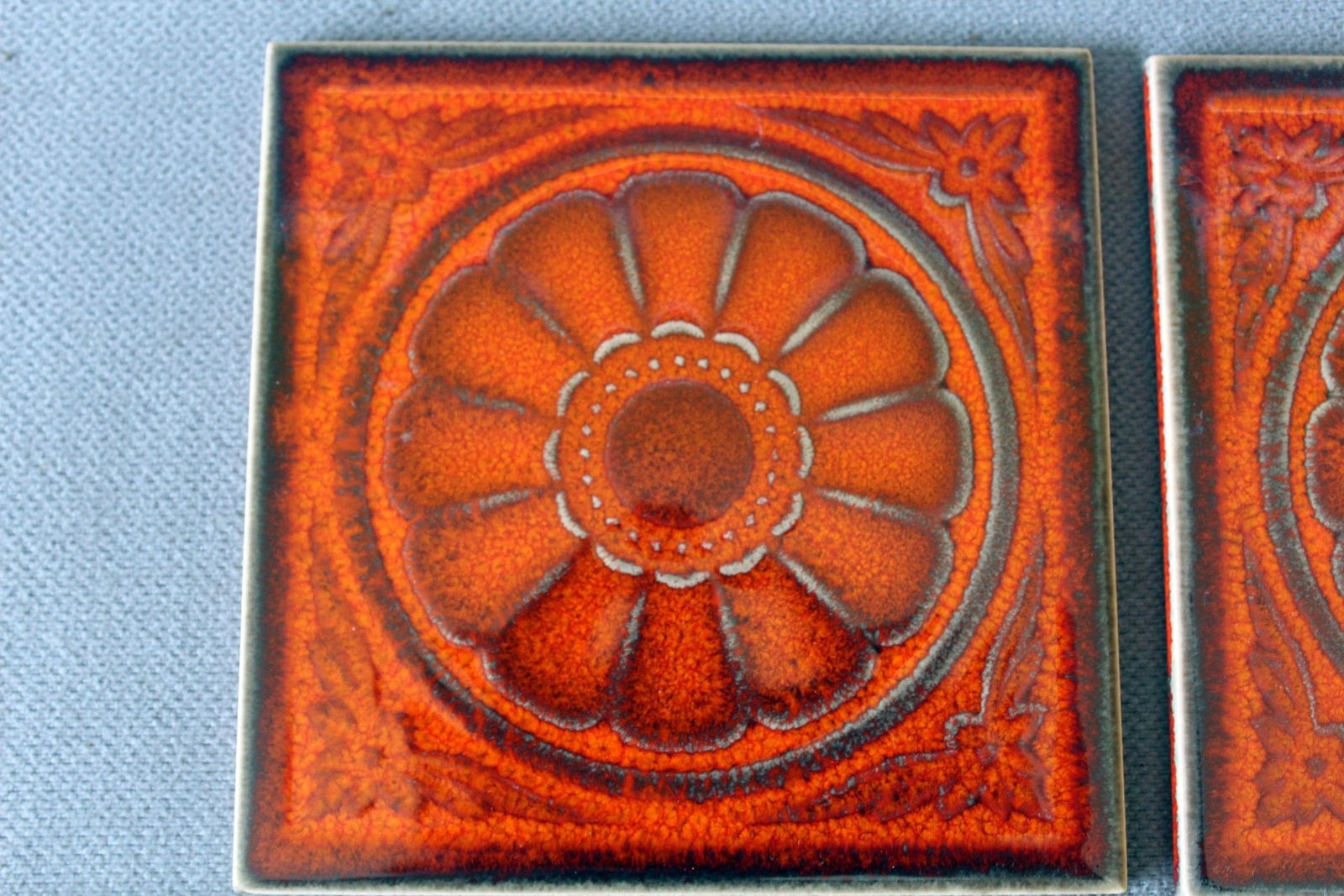 Set Of 5 Small Vintage Villeroy And Boch Mid Century Retro Ceramic Art, Tile Art, Coaster, Trivet, 1960s 70s, Orange Flower, Made In Germany photo furniture