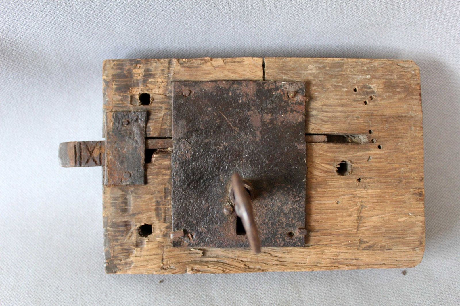 Large Antique French Farmhouse Barn Wood And Iron Door Lock With Key, Forged Iron, Hand Made, Restoration External Entrance, Country Rustic photo Home Fixtures