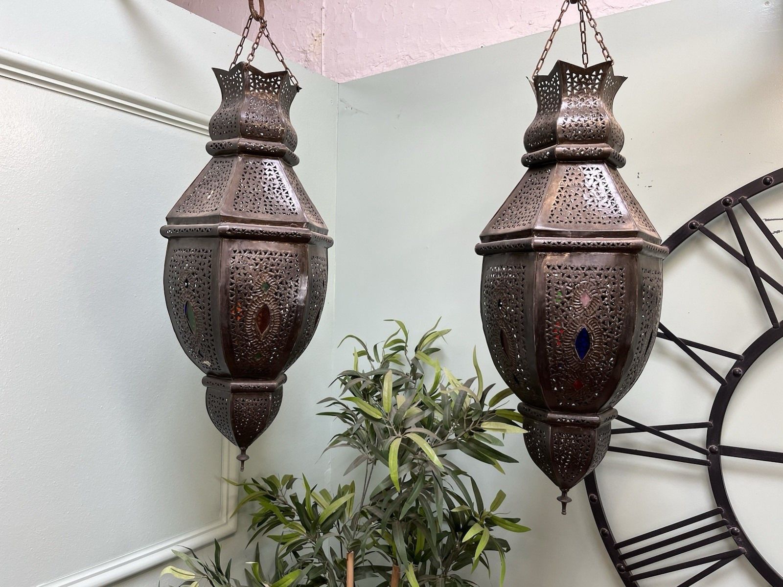 Stunning Pair Of Moroccan Moorish Arabic Metal Glass Ceiling Pendant Light Shade photo for sale