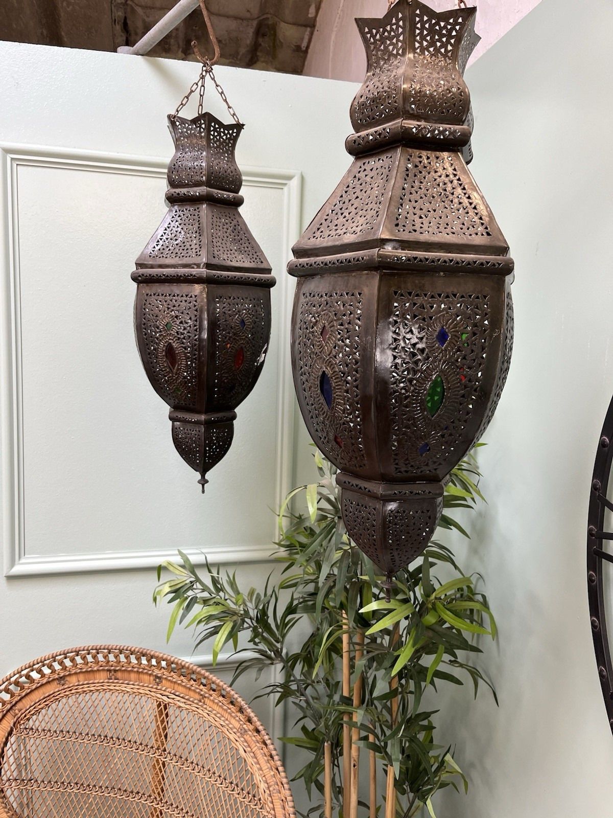 Stunning Pair Of Moroccan Moorish Arabic Metal Glass Ceiling Pendant Light Shade photo 275.0