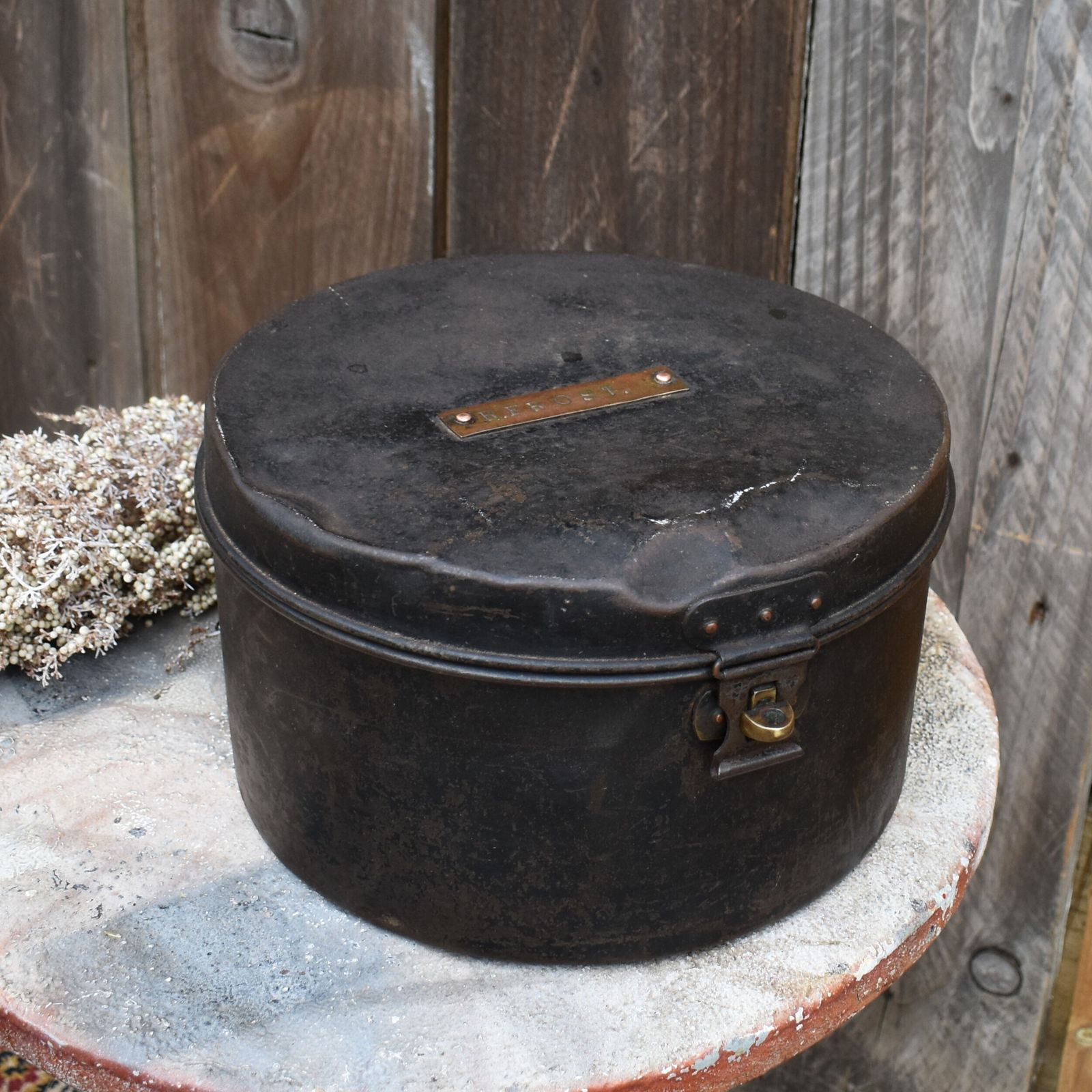 Antique Original R Frost Military Army Japanned Metal Travel Hat Tin Box Case