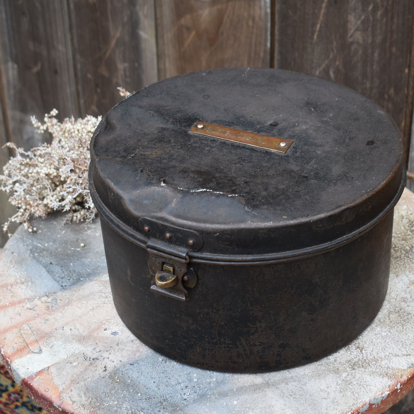 Antique Original R Frost Military Army Japanned Metal Travel Hat Tin Box Case photo furniture
