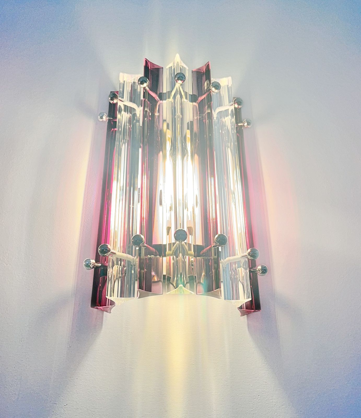 Pair Of Vintage Murano Wall Sconce – Clear  And Amethyst Triedri   Column Model photo Lighting