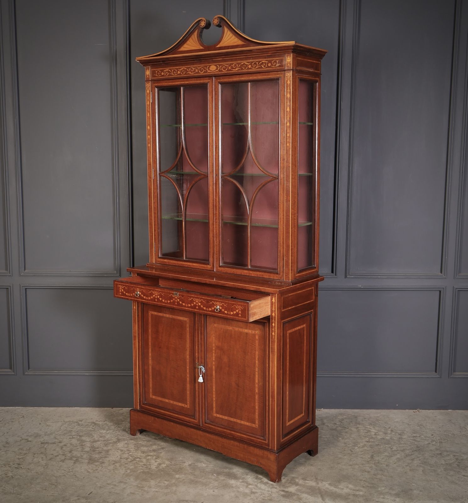 Marquetry Inlaid Mahogany Glazed Cabinet photo vintage
