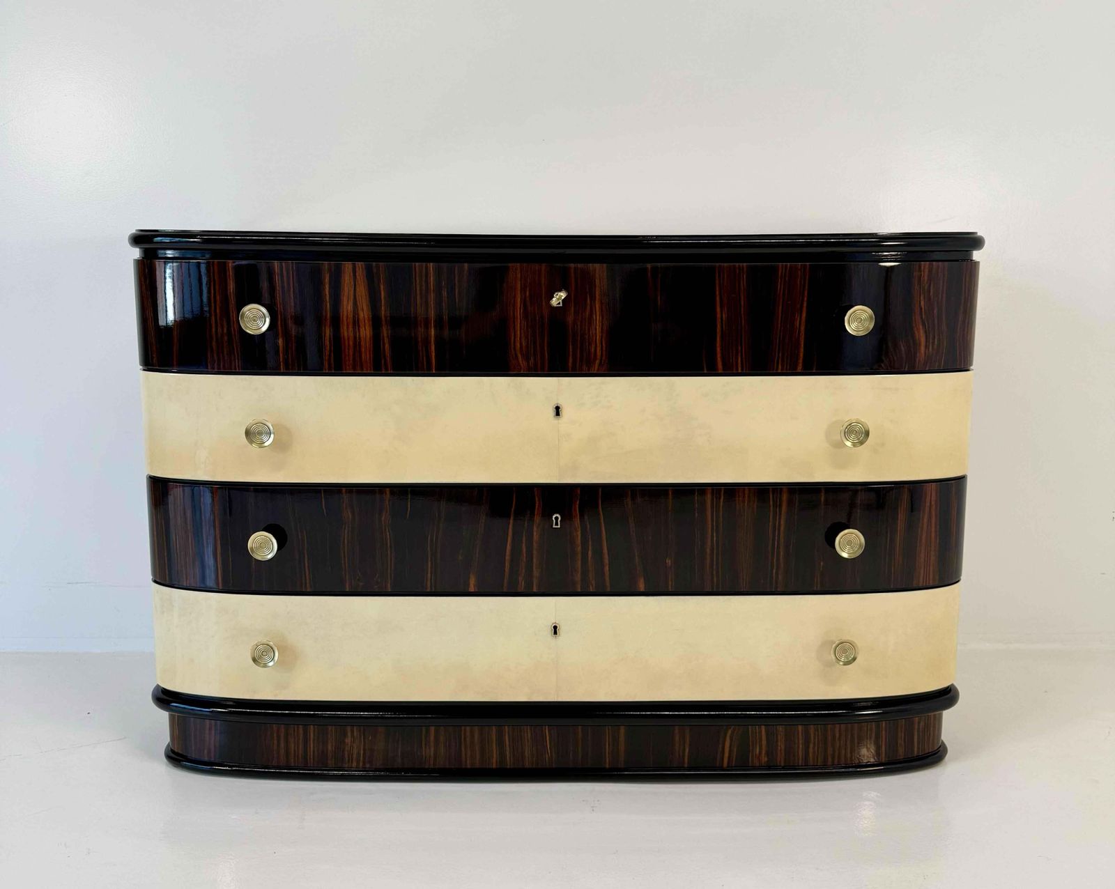 Italian Art Deco Chest Of Drawers In Macassar And Parchment With Brass Handle, 1940s photo furniture
