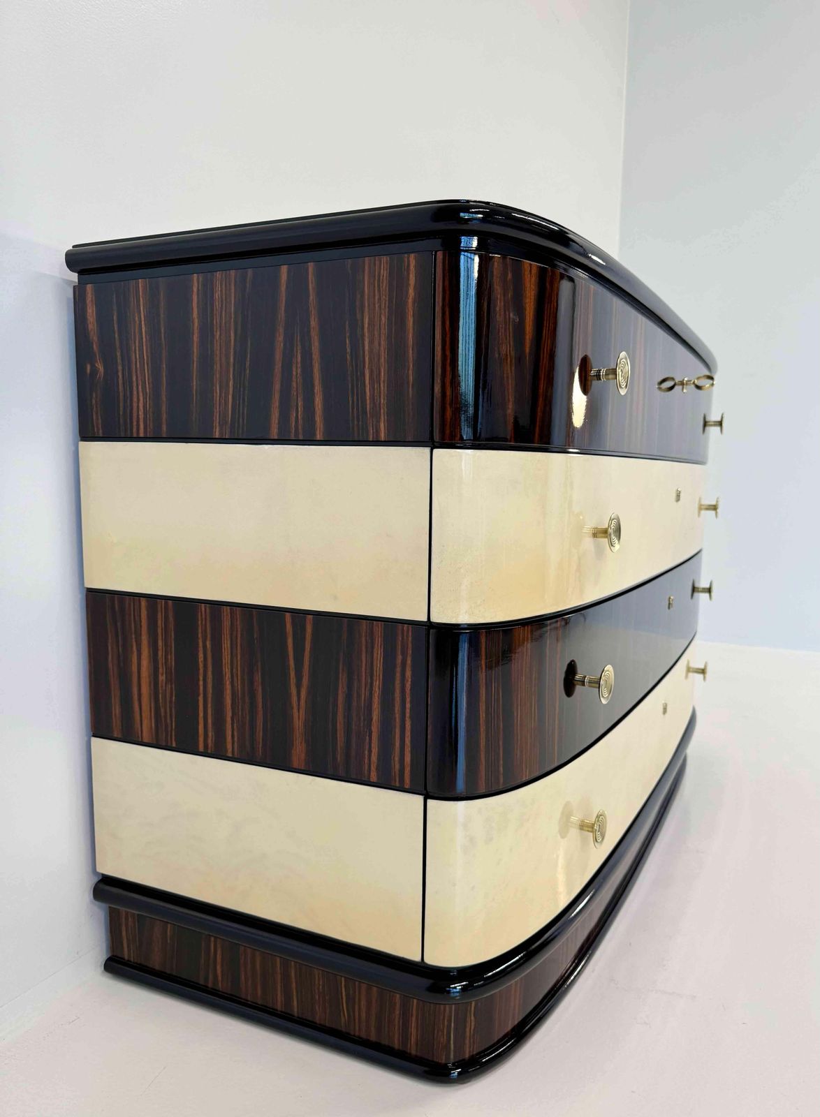 Italian Art Deco Chest Of Drawers In Macassar And Parchment With Brass Handle, 1940s photo buy