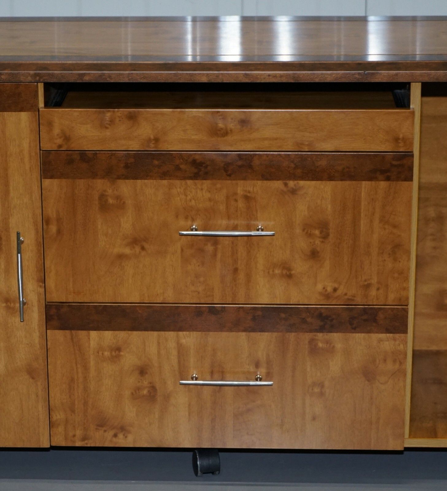 Burr Walnut Sideboard Tv Stand Drawers Designed To House Computer Part Of Suite photo Furniture