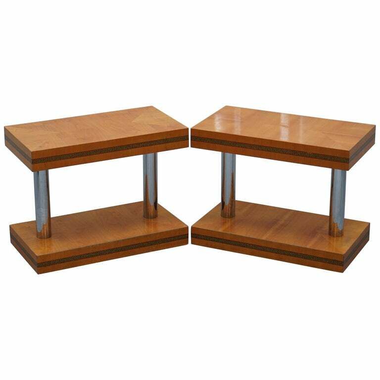 Pair Of Mid Century Modern Chrome Plated & Satinwood Side End Wine Lamp Tables