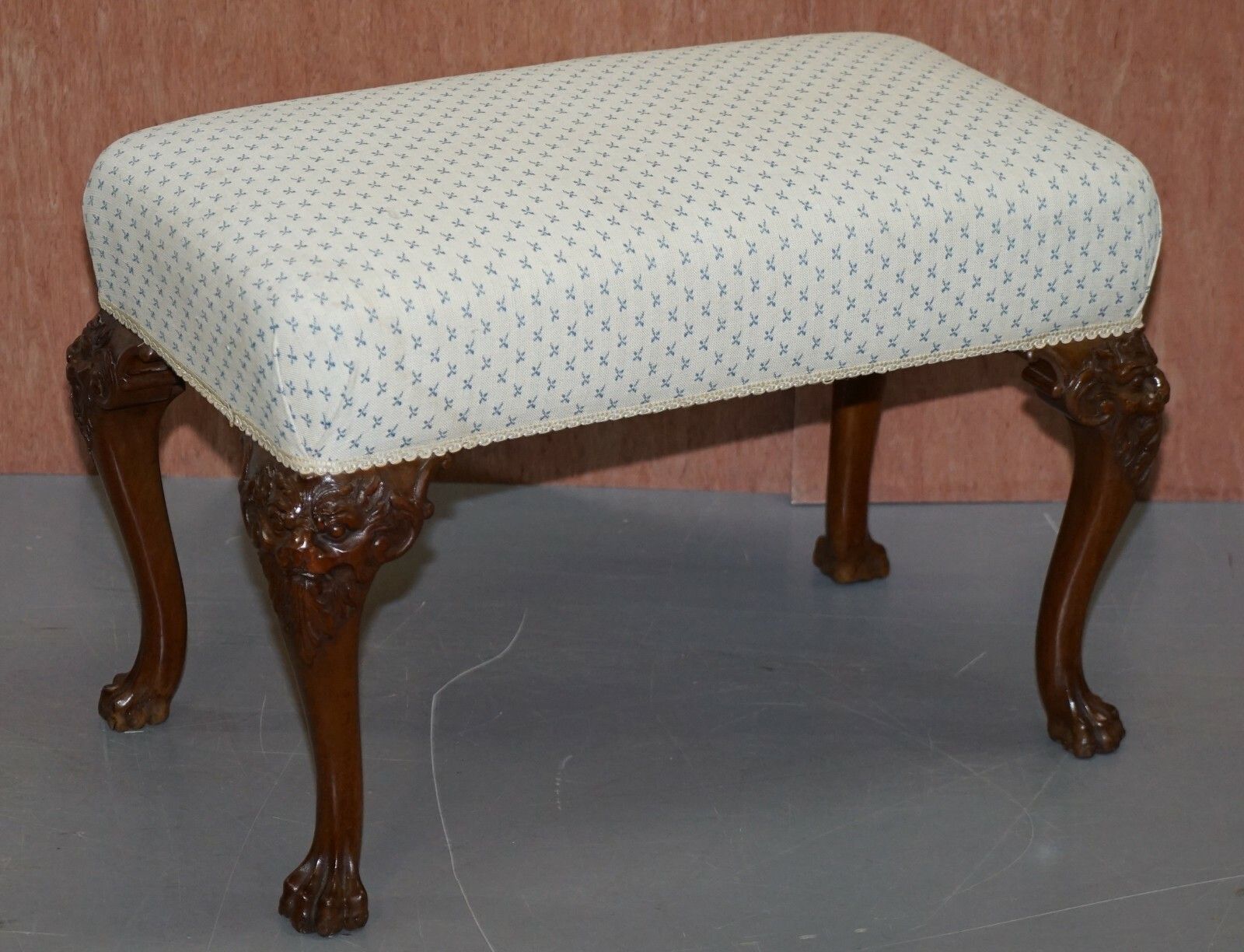 Fully Restored George III Style Hand Carved Bench Stool With Lion Hairy Paw Feet photo for sale