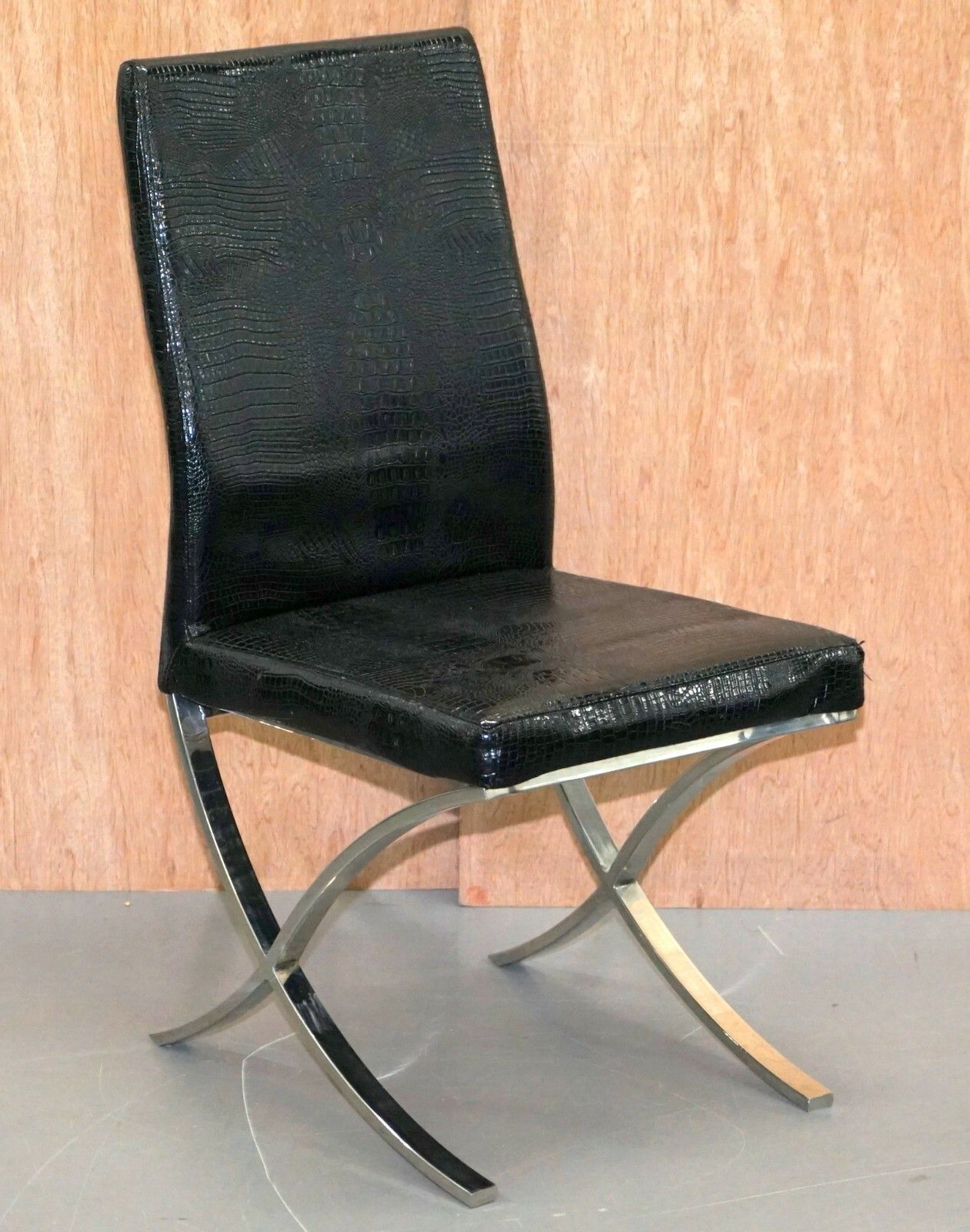 Set Of Eight Chrome Black Faux Alligator Crocodile Patina Leather Dining Chairs photo furniture