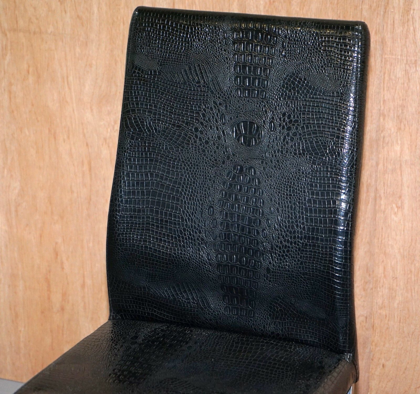 Set Of Eight Chrome Black Faux Alligator Crocodile Patina Leather Dining Chairs photo 1000.0
